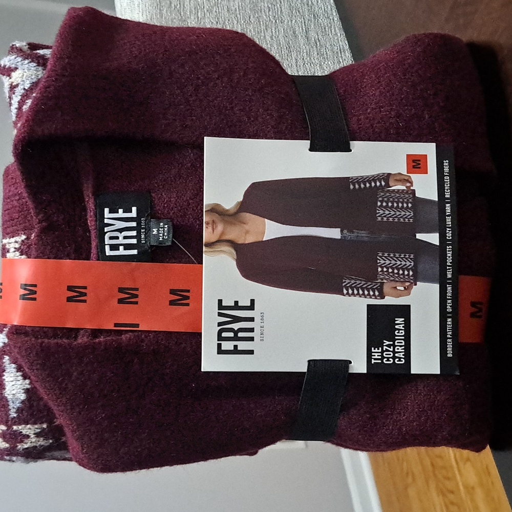 FRYE Women's Cardigan - Deep Red with Pattern Size Medium New - Picture 2 of 4